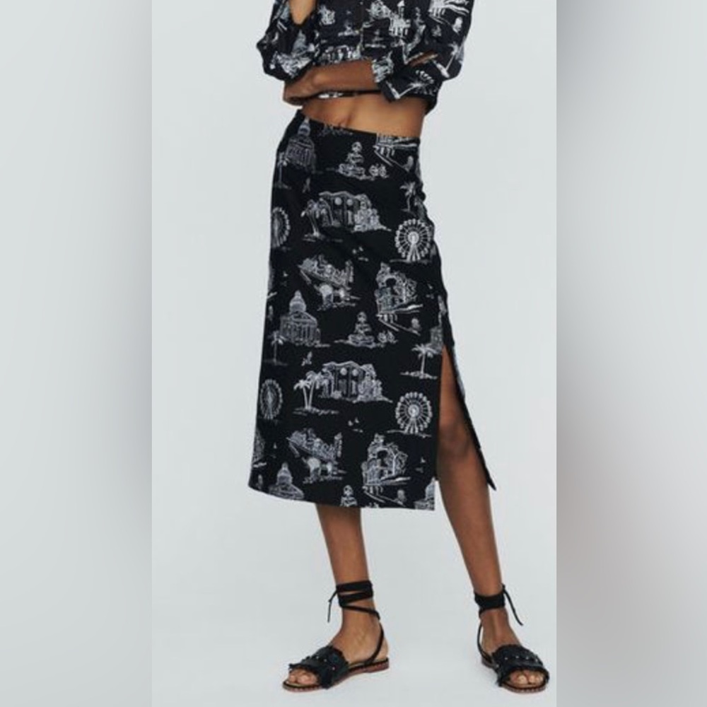 Maje Paris under the Palm Trees embroidered print black pencil midi skirt